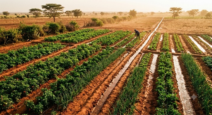 Périmètre irrigué maraîcher, canaux d'eau entre les planches de culture