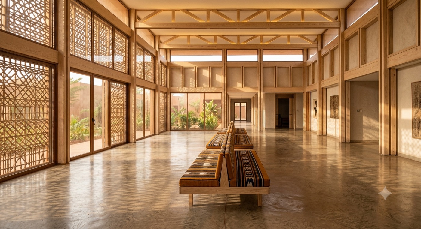 Hall d'accueil contemporain, claustras en bois et banquette en Faso Dan Fani