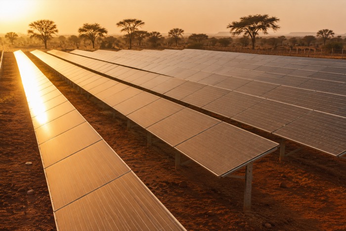 Rangées de panneaux photovoltaïques sur sol de latérite, au couchant
